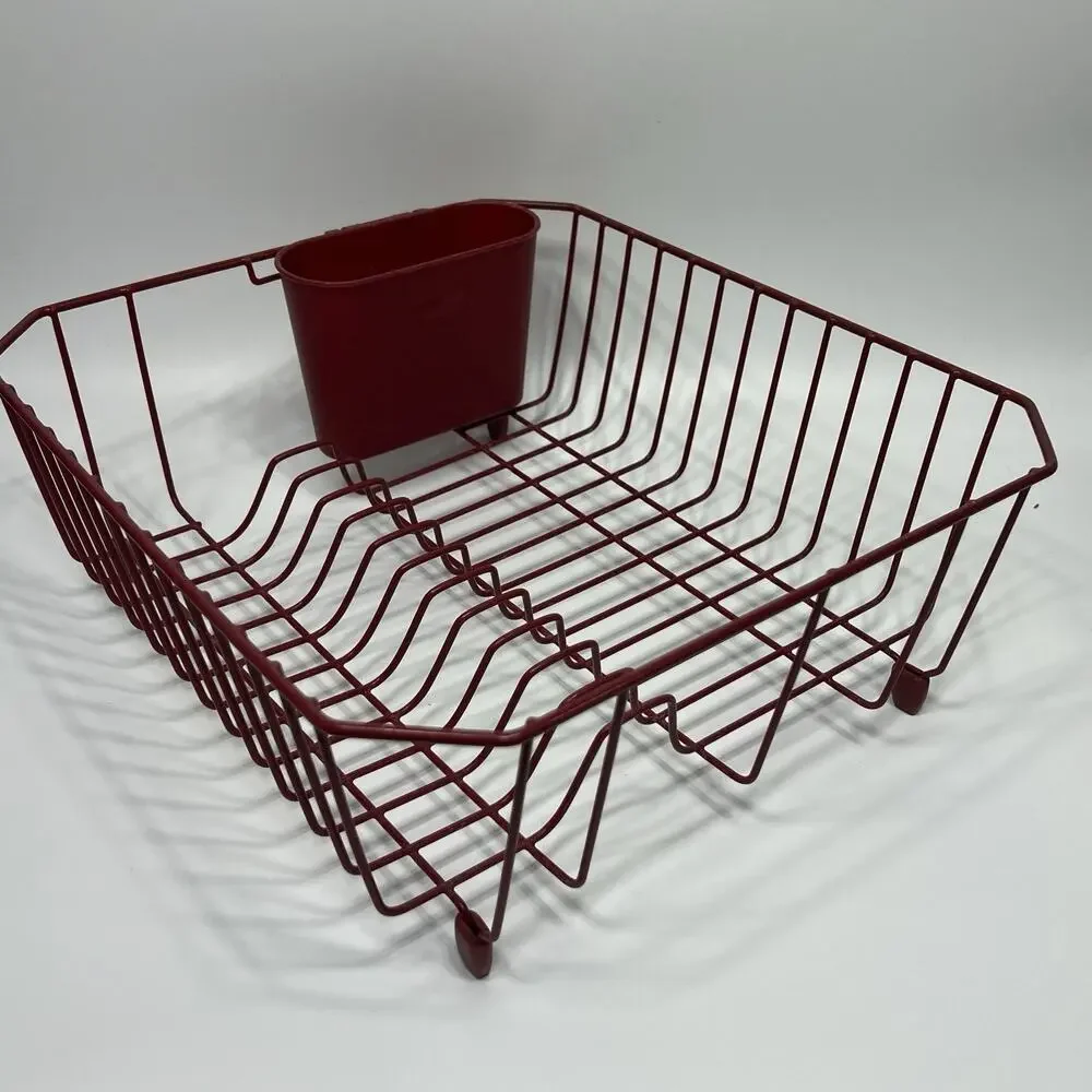 Vtg RED Rubbermaid Coated Wire Sink Dish Drainer Rack Rubber Bottom 14.25x12.75